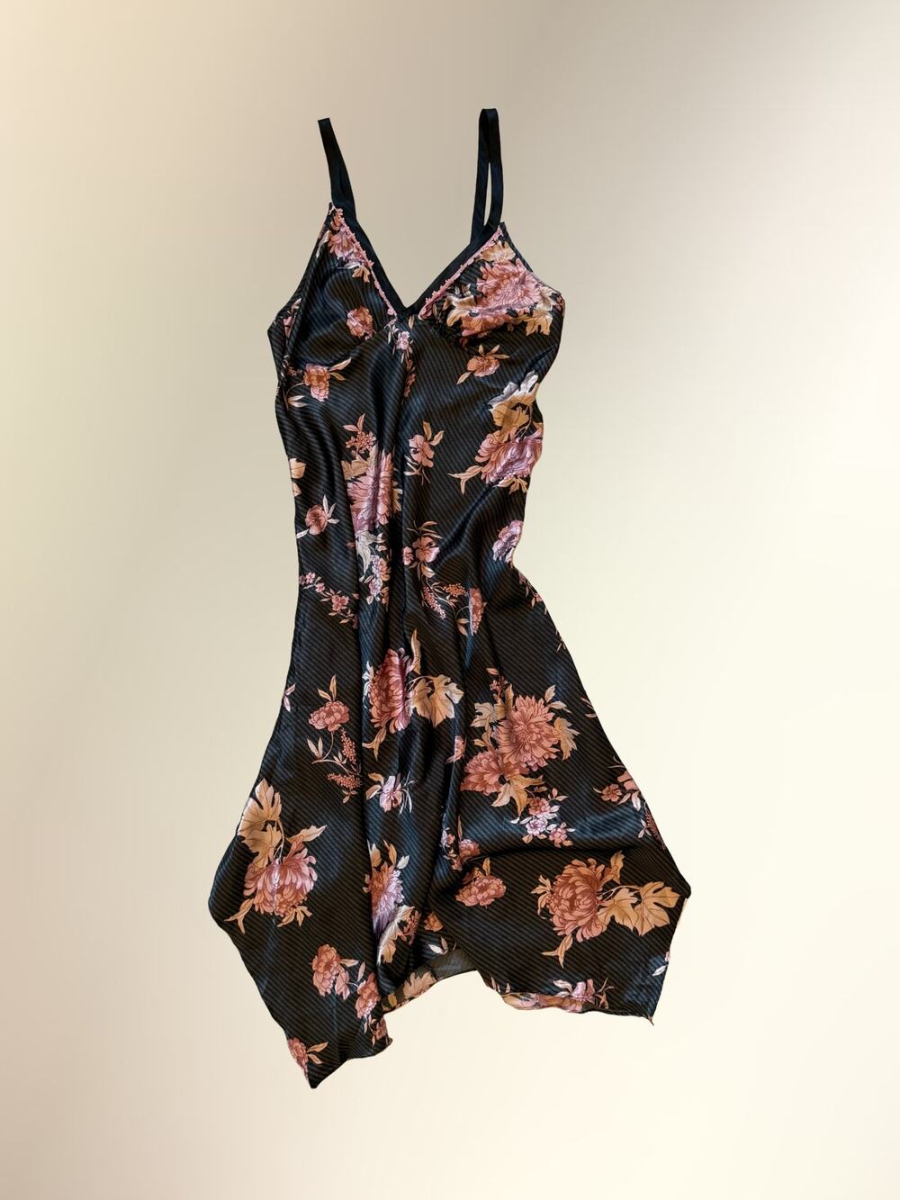 California Dynasty Black Pink Floral Satin Handkerchief Hem Slip Dress Sz M